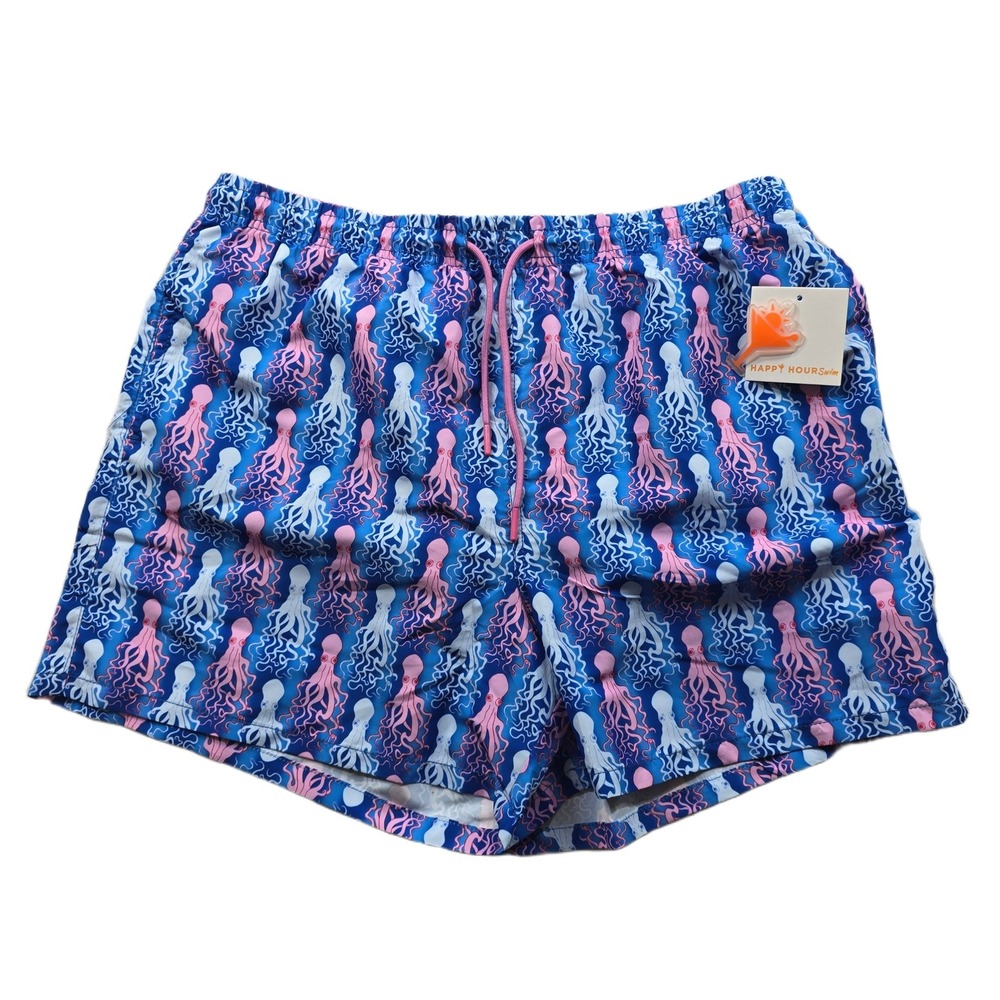 Happy Hour Swim Trunks Mens‎ 2XL Blue Pink Octopus Print Board Shorts NEW